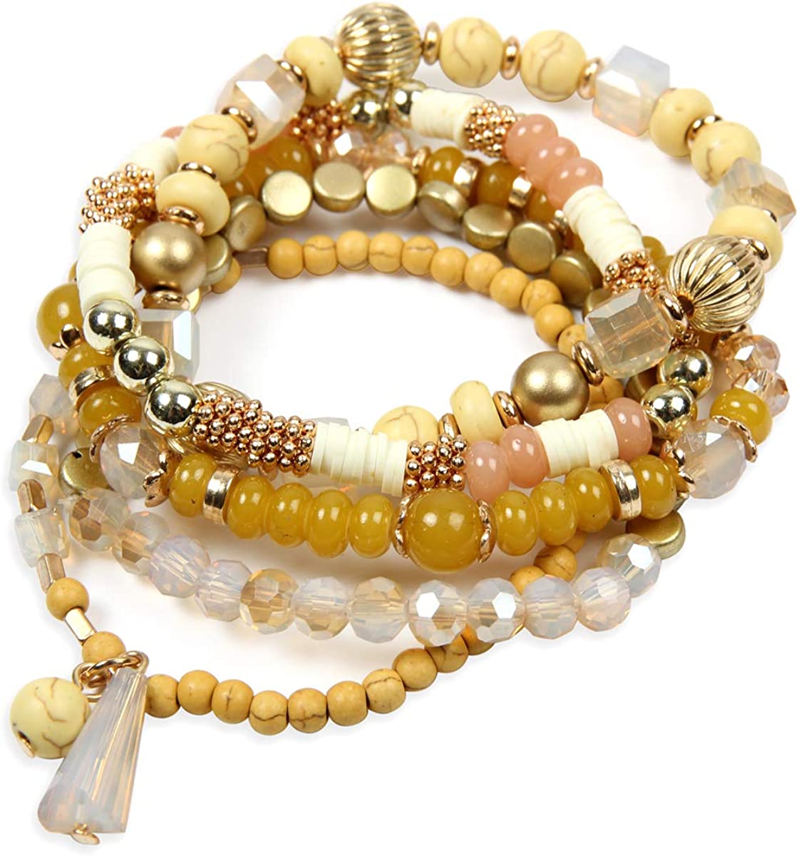 RIAH FASHION Bohemian Mix Bead Multi Layer Versatile Statement Bracelets - Stackable Beaded Strand Stretch Bangles Sparkly Crystal, Tassel Charm - Image 3
